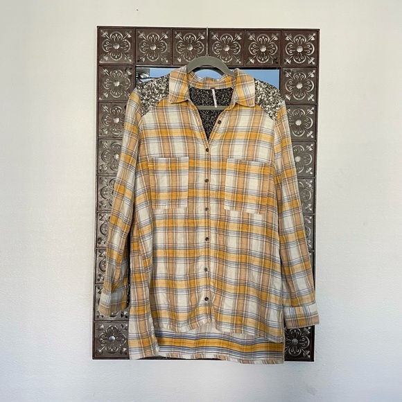 Free People Little Bit of Sugar Plaid Sequin Button Down Top - Picture 5 of 9